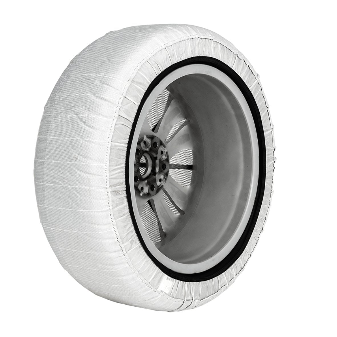 Parte posterior de un producto de cadena de nieve textil AutoSock que muestra el tejido de contacto con la carretera, el elástico y el tejido interior incl. superficie del borde interior