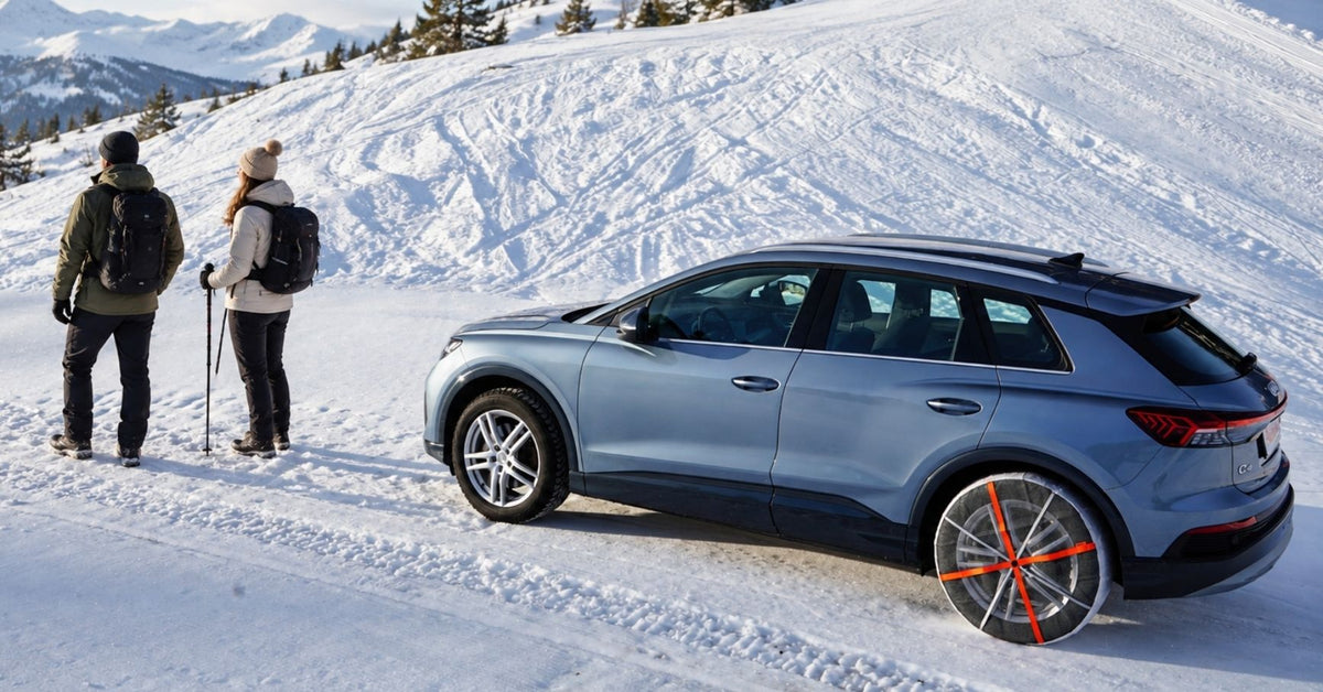SUV eléctrico azul claro estacionado en una carretera de montaña nevada, con dos personas cerca vestidas con ropa de invierno. La rueda trasera del vehículo lleva instaladas cadenas de nieve textiles.