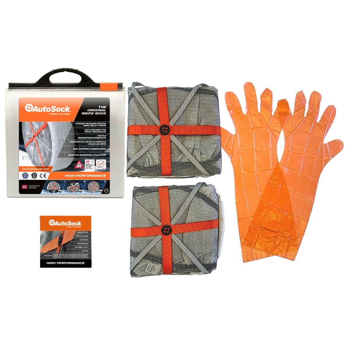 El contenido del embalaje del producto para la serie AutoSock HP contiene dos AutoSock, un par de guantes y un manual