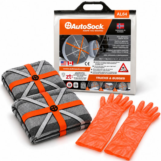 El modelo AutoSock AL64 para camiones y autobuses incluye dos fundas para nieve, un par de guantes y el embalaje del producto.