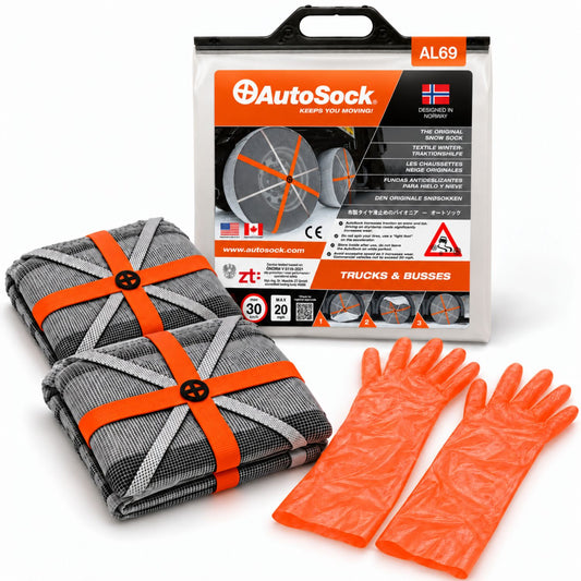 El modelo AutoSock AL69 para camiones y autobuses incluye dos fundas para nieve, un par de guantes y el embalaje del producto.