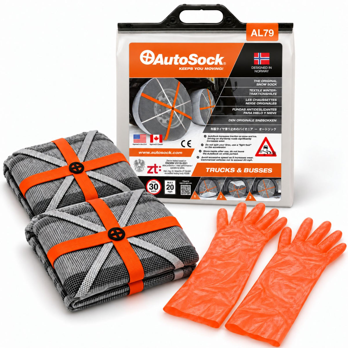 El modelo AutoSock AL79 para camiones y autobuses incluye dos fundas para nieve, un par de guantes y el embalaje del producto.