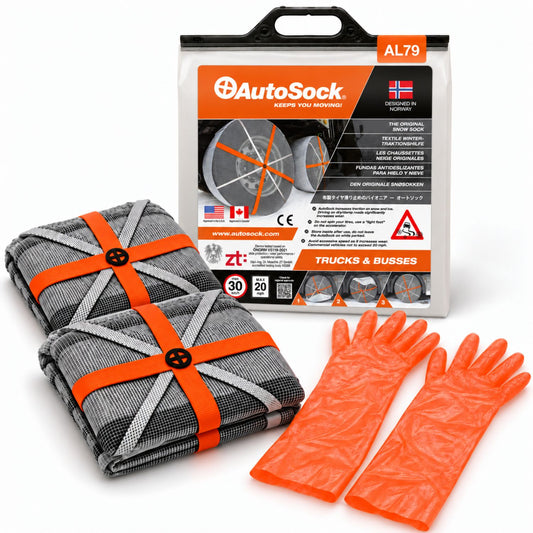 El modelo AutoSock AL79 para camiones y autobuses incluye dos fundas para nieve, un par de guantes y el embalaje del producto.