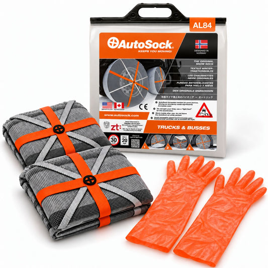 El modelo AutoSock AL84 para camiones y autobuses incluye dos fundas para nieve, un par de guantes y el embalaje del producto.