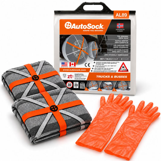 El modelo AutoSock AL89 para camiones y autobuses incluye dos fundas para nieve, un par de guantes y el embalaje del producto.