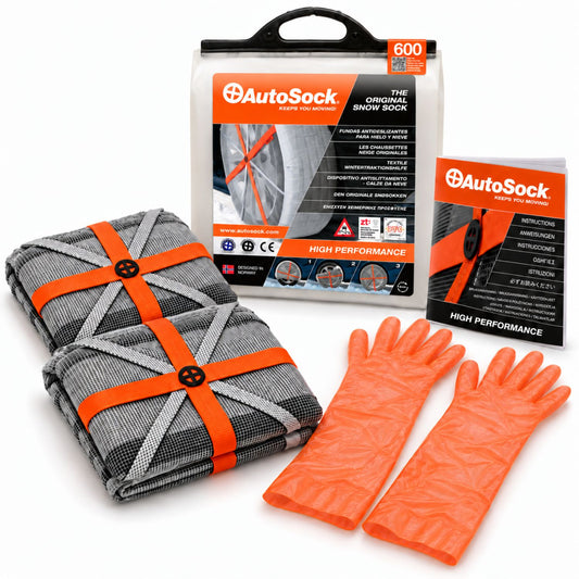 El modelo AutoSock HP600 incluye dos fundas para nieve, un par de guantes, un manual de instrucciones y el embalaje del producto.