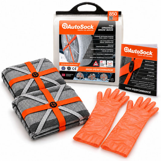 El modelo AutoSock HP850 incluye dos fundas para nieve, un par de guantes, un manual de instrucciones y el embalaje del producto.