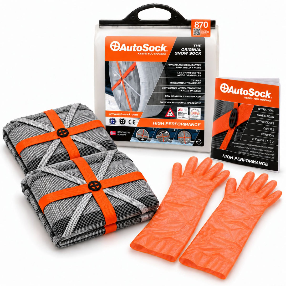 El modelo AutoSock HP870 incluye dos fundas para nieve, un par de guantes, un manual de instrucciones y el embalaje del producto.