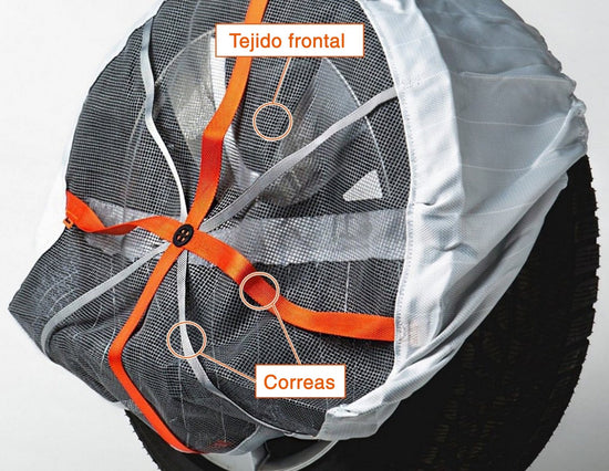 AutoSock montado parcialmente en una rueda que muestra los componentes del producto, tejido frontal y correas