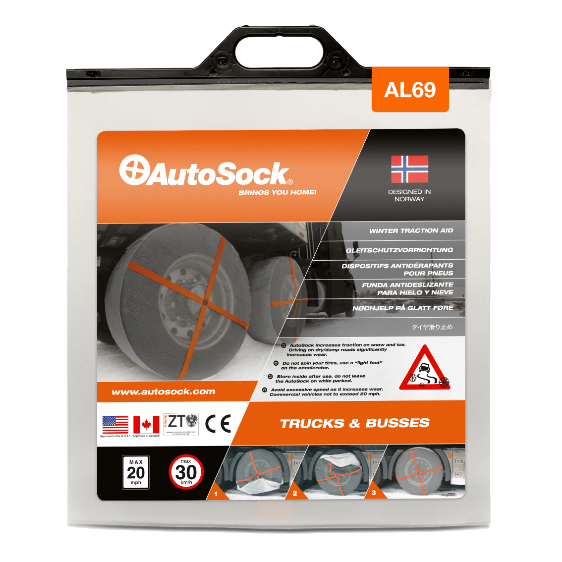 Embalaje del producto AutoSock AL 69 AL69 para camiones (vista frontal)