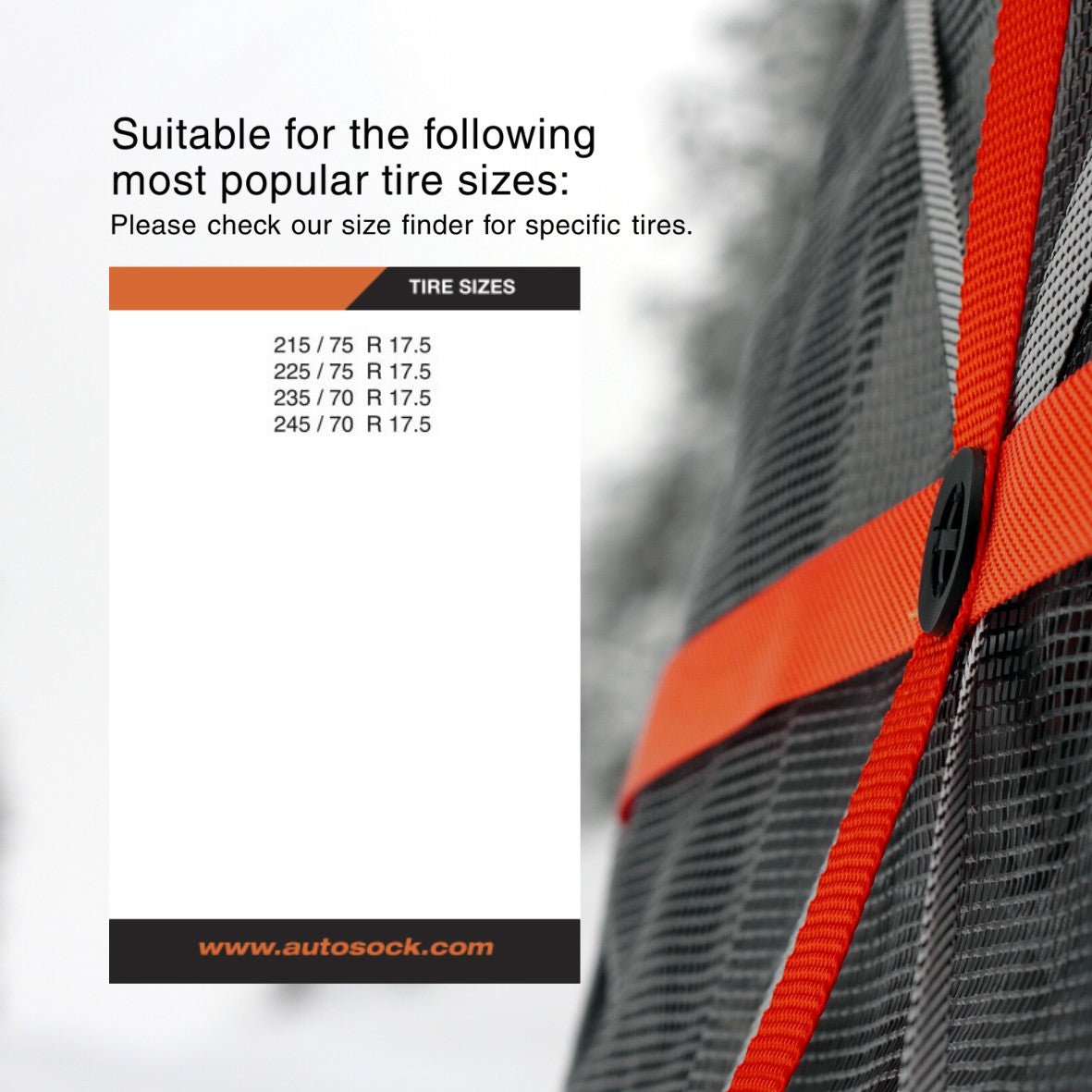 Tabla de tallas simple para AutoSock para productos de camiones AL59 que muestra los tamaños de neumáticos más populares adecuados
