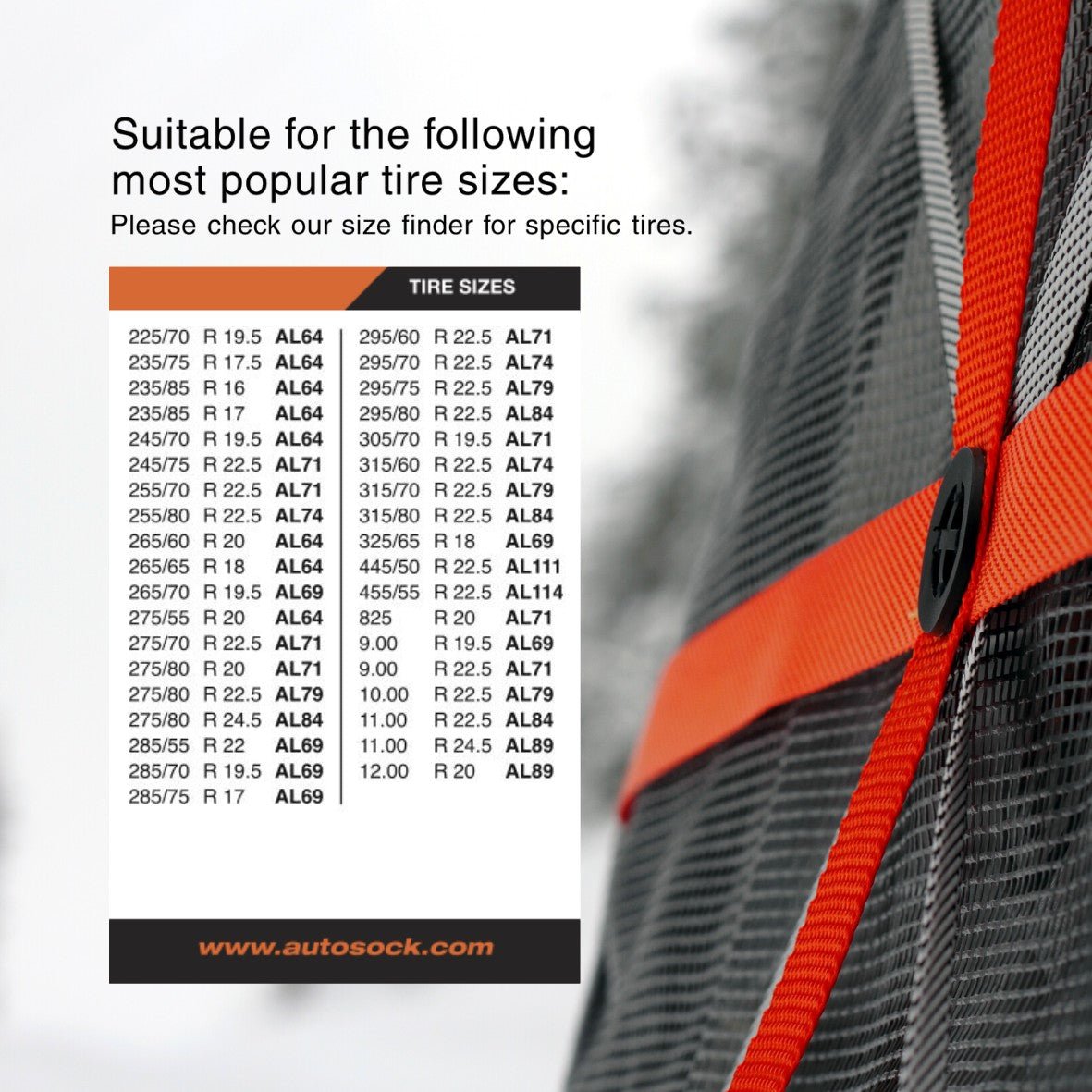 Tabla de tallas simple para AutoSock para productos de camiones AL64 - AL114 que muestra los tamaños de neumáticos más populares adecuados